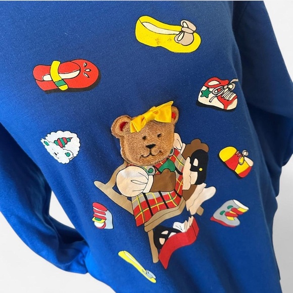 Vintage 1980’s Teddy Bear Plush Blue Long Sweatshirt Dress Women’s Sz M - Picture 4 of 7